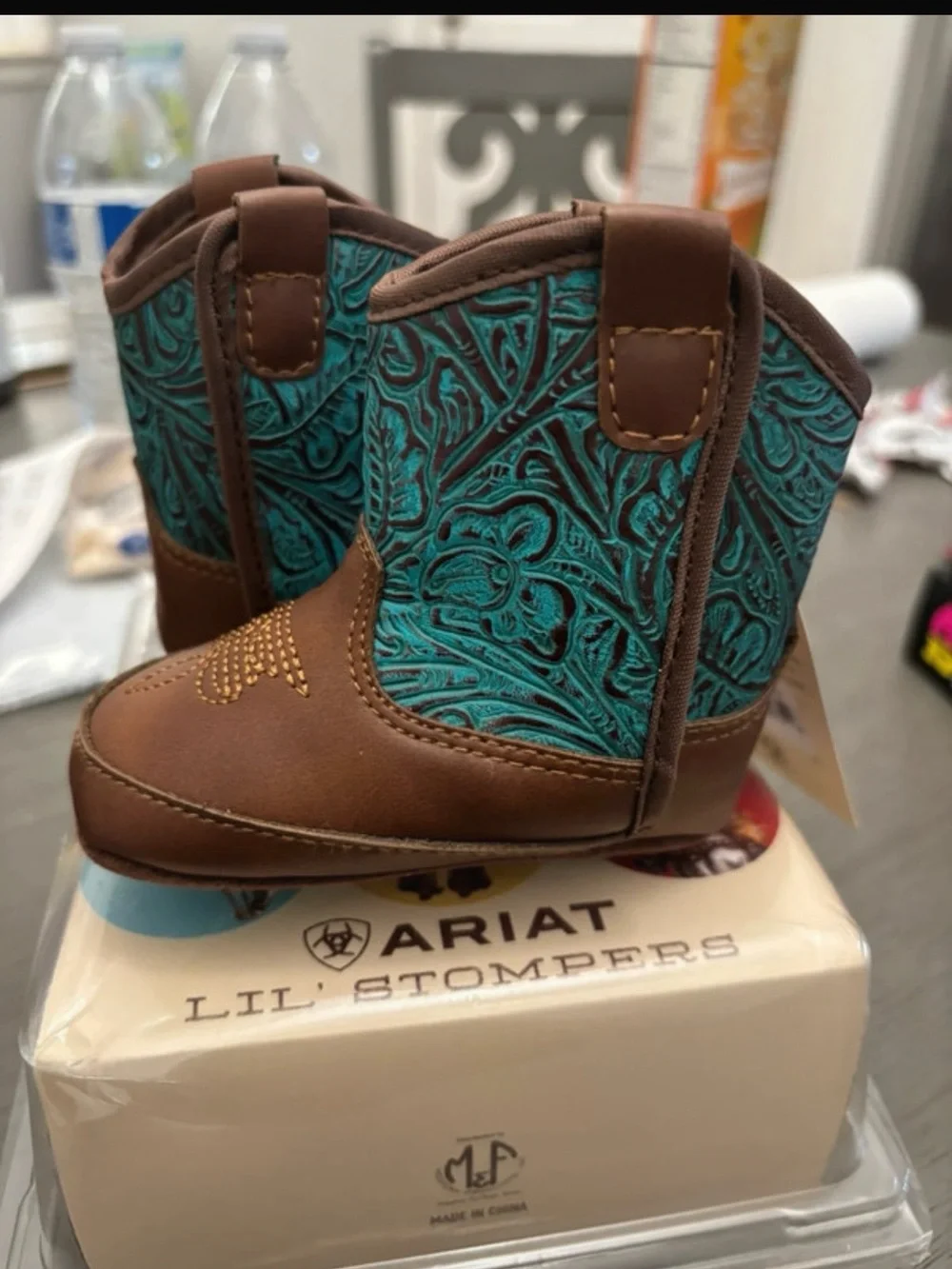 Ariat Kids Brown Western Booties with Teal Shaft